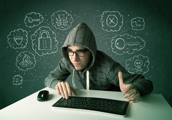 Aufkleber - Young nerd hacker with virus and hacking thoughts