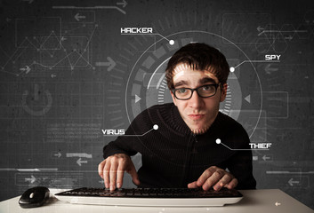 Poster - Young hacker in futuristic enviroment hacking personal informati