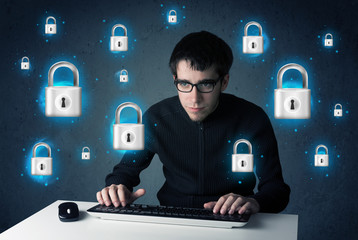 Aufkleber - Young hacker with virtual lock symbols and icons