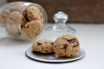 Buckwheat flour cookies with chocolate, selective focus