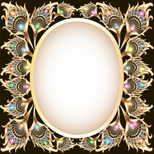 Background Frame With Gold Ornament In The Form Of A Peacock Fe