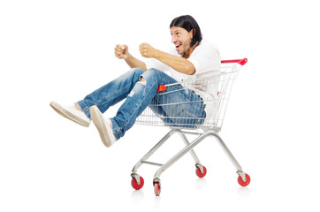 Man shopping with supermarket basket cart isolated on white