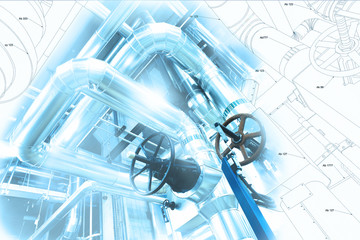 Sketch of piping design mixed with industrial equipment photo