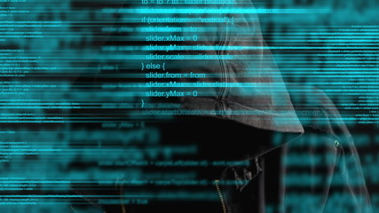 Wall Mural - faceless hooded anonymous computer hacker with programming code