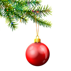 Wall Mural - Christmas tree branch with red bauble isolated on white