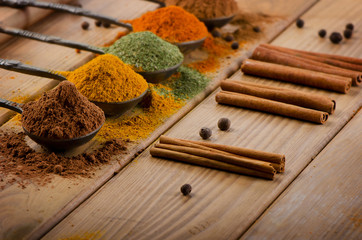 Selection of dried spices and cinnamons .