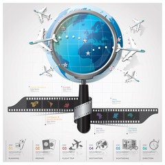 Wall Mural - Global Travel And Journey Infographic With Magnifying Glass Film