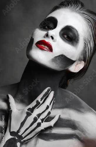 Naklejka na meble Young woman with dead mask skull face art. Halloween face