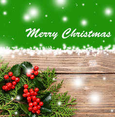 Wall Mural - Christmas greeting card on wooden background