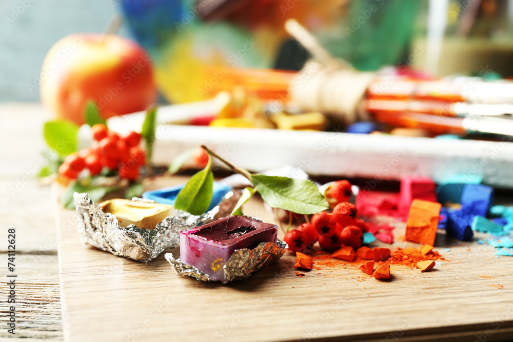 Beautiful still life with professional art materials, close up