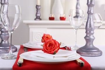 Festive table setting on room background