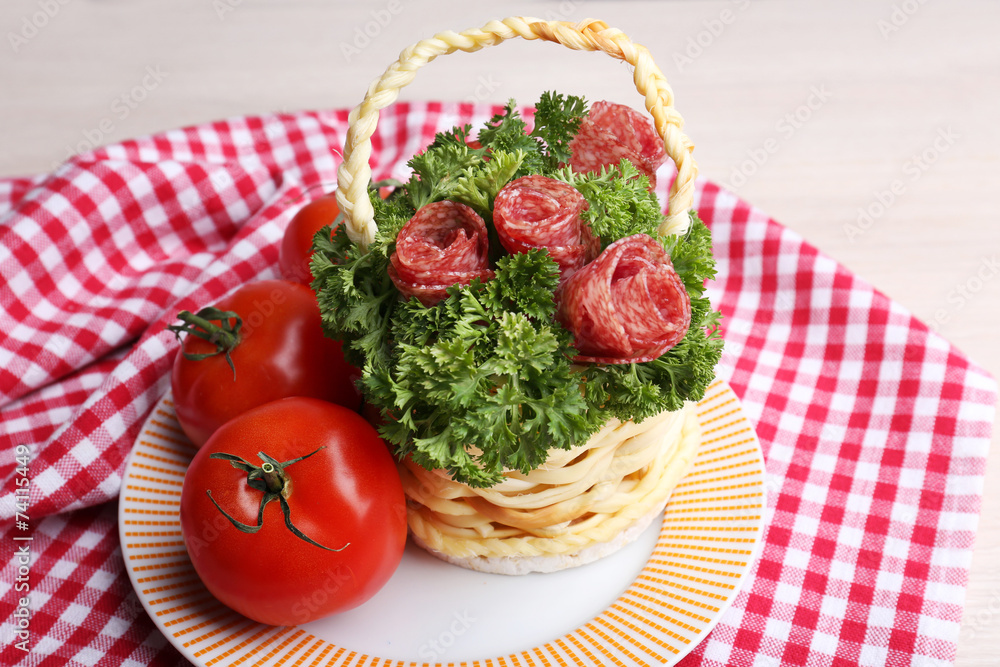 Smoked cheese in shape of basket on table