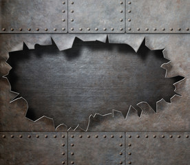 Wall Mural - damaged metal armor with torn hole steam punk background