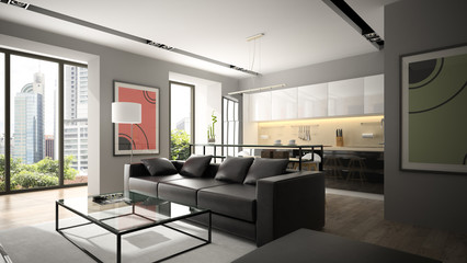 Modern interior with black sofa and parquet floor 3D rendering