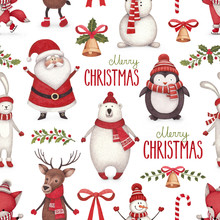 Watercolor Christmas Illustrations. Seamless Pattern