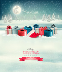 Poster - Holiday Christmas background with a border of gift boxes. Vector