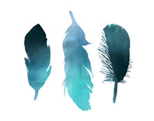 Blue Turquoise Watercolor Bird Feather