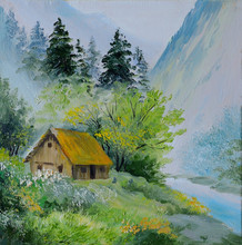 Oil Painting - Landscape In Mountains, House In The Mountains An