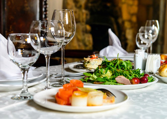 Table served in european restaurant for holiday banquet