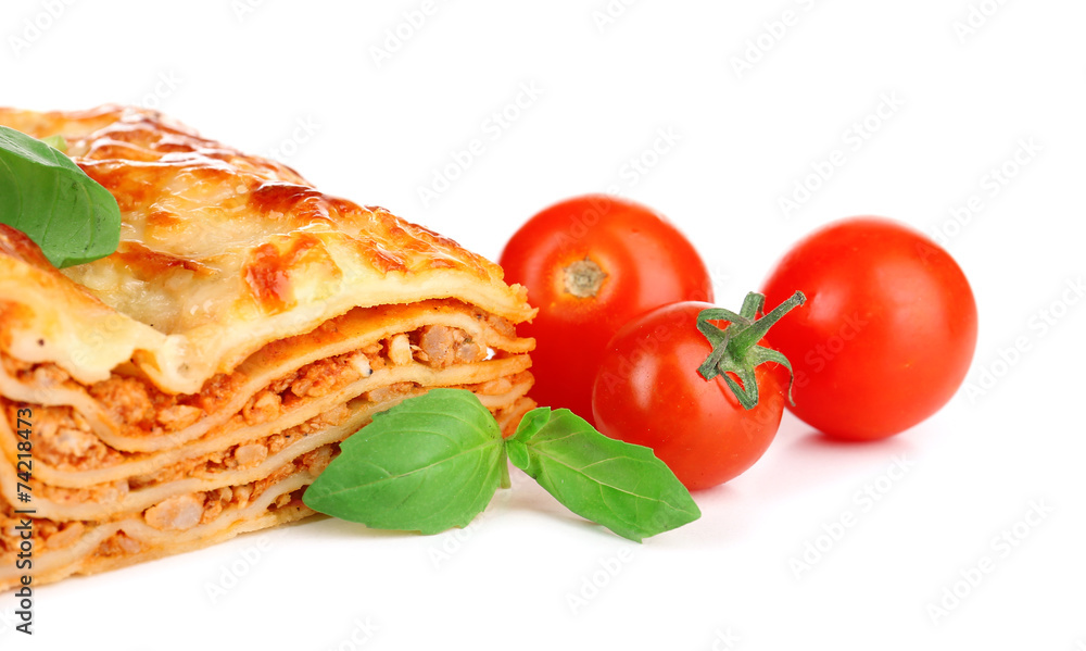 Portion of tasty lasagna, isolated on white