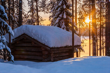 Wall Mural - wooden barn in sunset