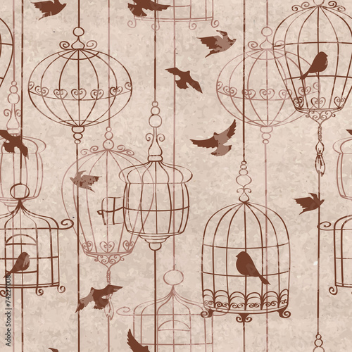 Obraz w ramie Seamless pattern with birds and cage