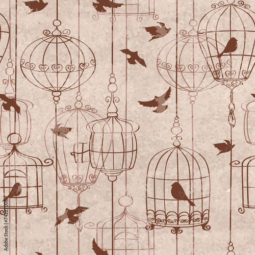 Fototapeta do kuchni Seamless pattern with birds and cage