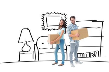 Poster - Composite image of happy young couple with moving boxes
