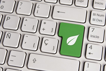 Wall Mural - green ecology concept, leaf keyboard key.