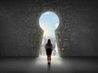 © ra2 studio - Business woman looking at keyhole with bright cityscape concept