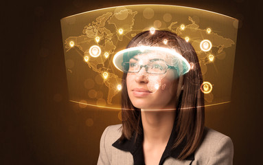 Wall Mural - Young woman looking at futuristic social network map