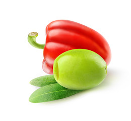 Isolated olive with pepper. Pitted green olive and whole red bell pepper isolated on white background, with clipping path