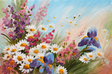 Oil Painting - Abstract Illustration Of Flowers, Daisies, Greens