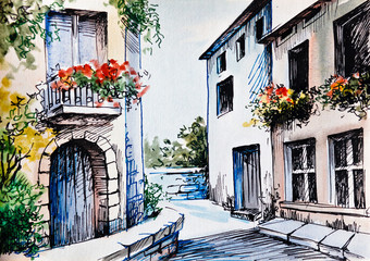 Oil Painting, watercolor  - flowers along the street