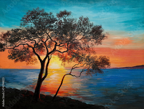 Nowoczesny obraz na płótnie oil painting on canvas - tree near the lake at sunset