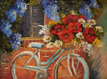 Oil Painting On Canvas - Flowers Near A Wall, Bike With A Bouque