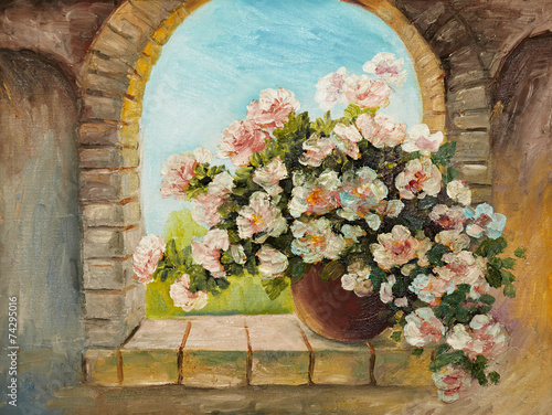 Naklejka - mata magnetyczna na lodówkę oil painting - bouquet of flowers on a stone sill , abstract dra