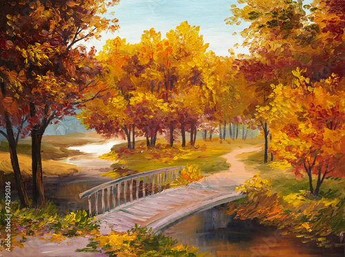 Naklejka - mata magnetyczna na lodówkę Oil Painting - autumn forest with a river and bridge over the ri