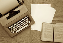 Typing Machine, White Sheets Of Paper,old Book In Russian