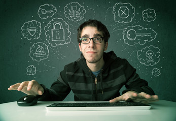 Poster - Young nerd hacker with virus and hacking thoughts