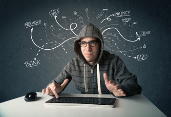 Fototapete - Young hacker with white drawn line thoughts
