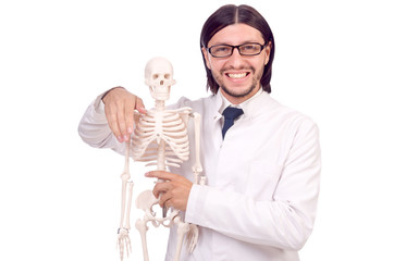 Wall Mural - Funny teacher with skeleton isolated on white