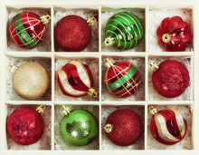 Christmas Ball Ornaments In A Wooden Box