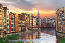 Sunset In Old Girona Town,  View On River Onyar