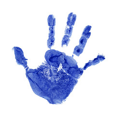 Wall Mural - Conceptual children blue painted hand print isolated