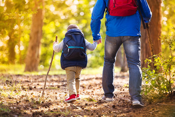 Father and son walking in autumn forest