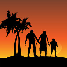 Three Zombies Walking On Sunset Beach