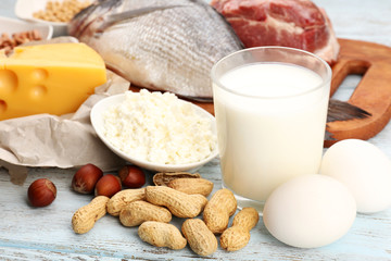 Wall Mural - Food high in protein on table, close-up