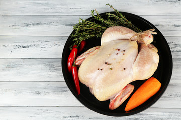 Raw chicken on wooden table