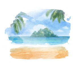 Watercolor illustration of a tropical beach